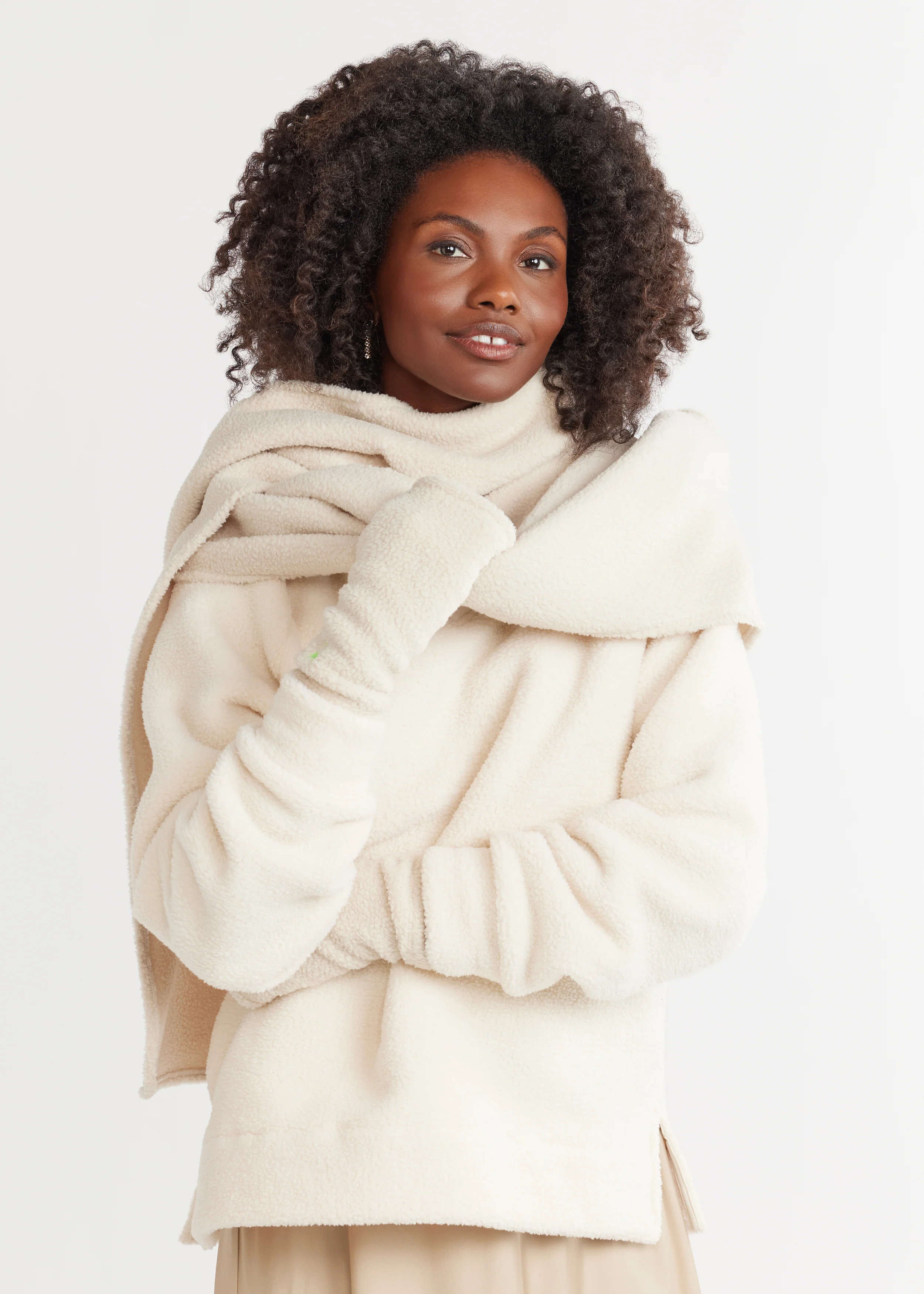 Women's Larkspur Scarf in Sherpa Fleece (Oatmeal) - Modern Fleece Clothing | Dudley Stephens