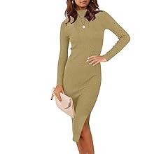 ANRABESS Women's 2023 Fall Long Sleeve Sweater Dress Turtleneck Slim Fit Ribbed Knit Slit Midi Dr... | Amazon (US)