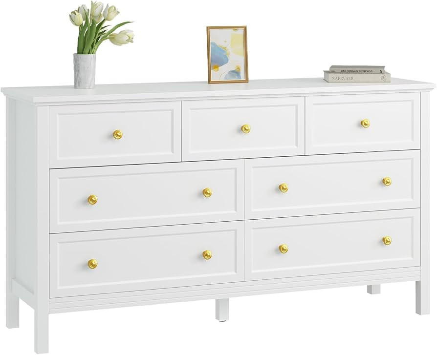 CARPETNAL White Dresser for Bedroom, 7 Drawer Dresser with Wide Drawers and Gold Metal Handles, 5... | Amazon (US)