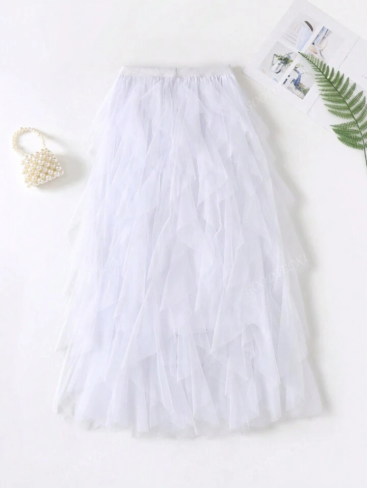 1pc Women's Asymmetrical Wave Layered Cake Skirt, Mesh Puff Mini Skirt | SHEIN