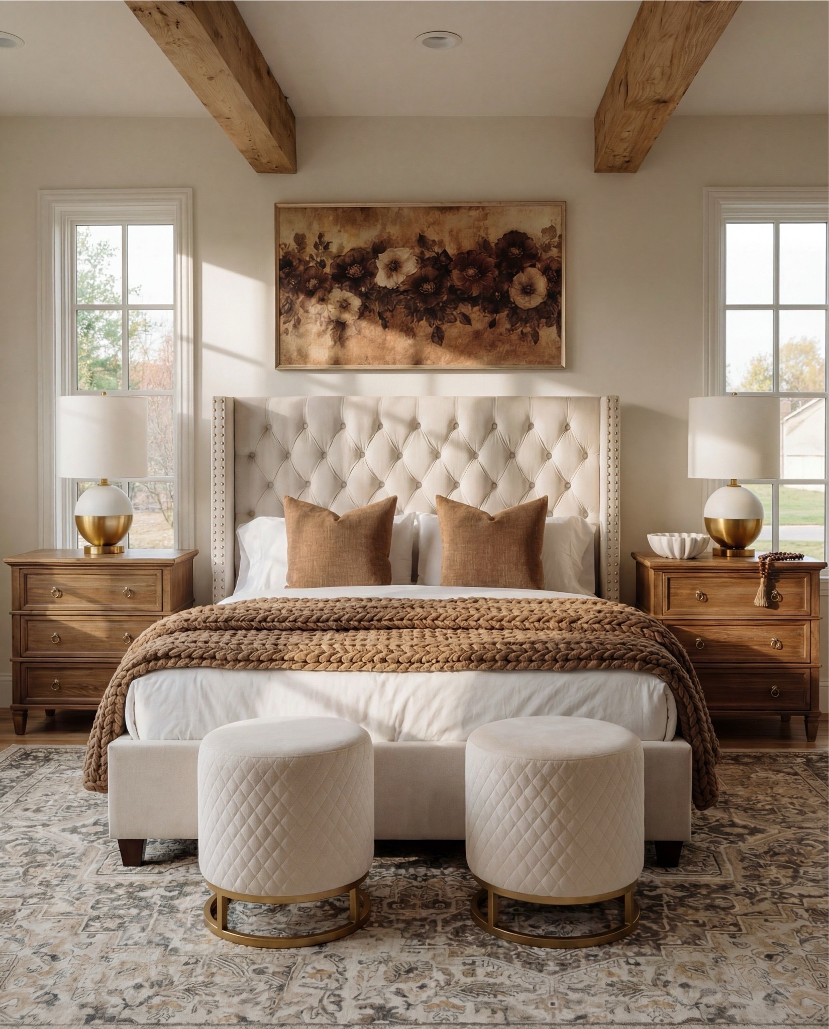 Shop the Look: Bedroom Refresh
This bedroom feels warm, serene, and quietly luxurious. Soft neutrals and natural wood tones create balance, while the tufted headboard and layered textiles add depth and comfort. Exposed ceiling beams bring architectural character, grounding the space in an elevated rustic elegance.

The symmetry of the layout—paired nightstands, lamps, and ottomans—keeps the room feeling calm and intentional. Subtle brass accents and warm browns give it a refined, timeless finish.

Shop the Look:
• Upholstered tufted bed (cream or ivory)
• Neutral upholstered bench or bed frame base
• Wooden nightstands (medium warm wood)
• Table lamps (white shade, brass base)
• White bedding (duvet + sheets)
• Brown textured throw blanket
• Neutral accent pillows (tan or camel)
• Framed floral artwork (warm brown tones)
• Quilted round ottomans (cream)
• Brass ottoman bases
• Vintage-style area rug (neutral pattern)
• Exposed wood ceiling beams
• Decorative bowl or small tray on nightstand
•wood decor beads

#LTKHome #LTKSaleAlert