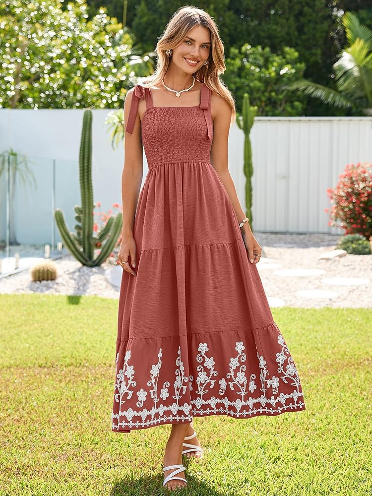 BerryGo Women's Summer Boho Maxi Dress Smocked Spaghetti Strap Embroidery Casual Beach Vacation S... | Amazon (US)