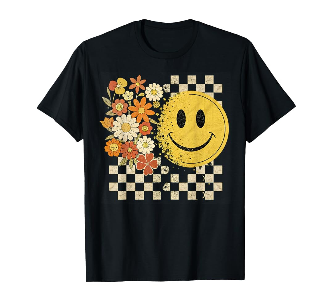 Cute Smile Face Flower Happy Face Flowers Checkered Girls T-Shirt | Amazon (US)