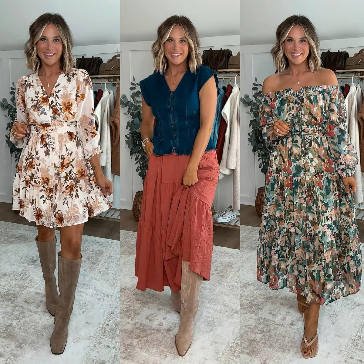 If you're looking for a fall family photos outfit, I've got you covered! The colors in this dress with off the shoulder sleeves are perfect, the denim top and maxi skirt will be on repeat all season long, and the floral dress has the prettiest fall colors. 

I am 5’6 141lbs in size small dresses, skirt and top. Shoes run true to size  

 #LTKootd #LTKmomlife #LTKstorytime