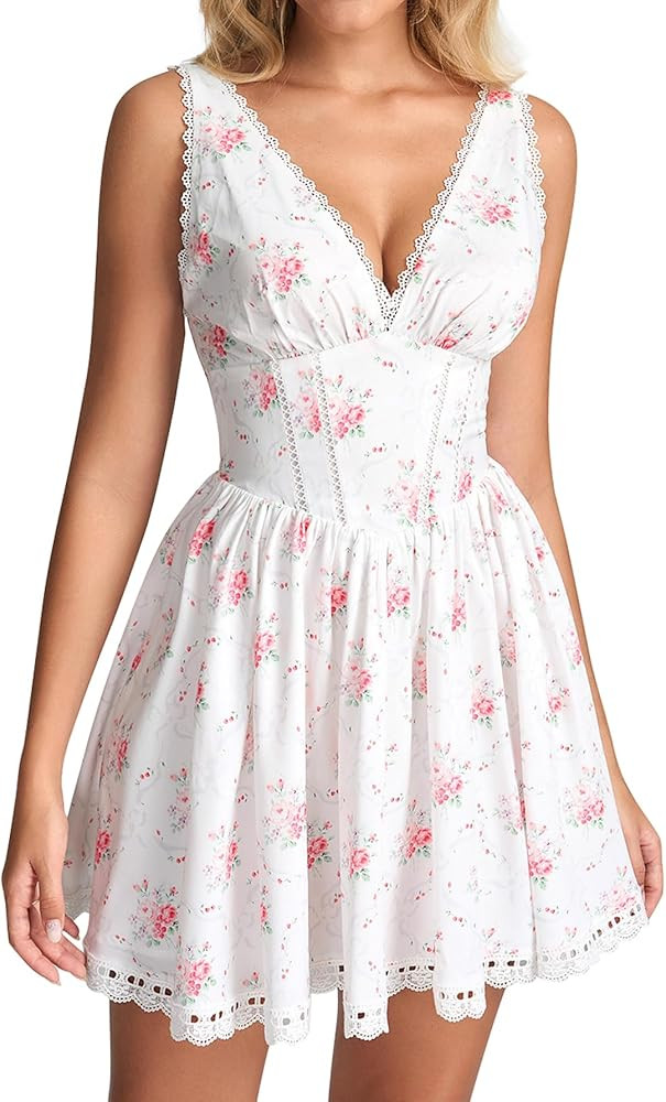 KUTUMAI Floral Corset Mini Dress Summer V Neck Lace Up Cute Graduation Short Dresses for Women 20... | Amazon (US)