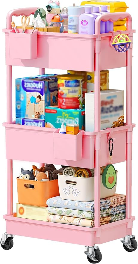 SUNALLY Baby Diaper Caddy Cart, 3 Tier Rolling Diaper Cart with Lockable Wheels for Nursery Essen... | Amazon (US)