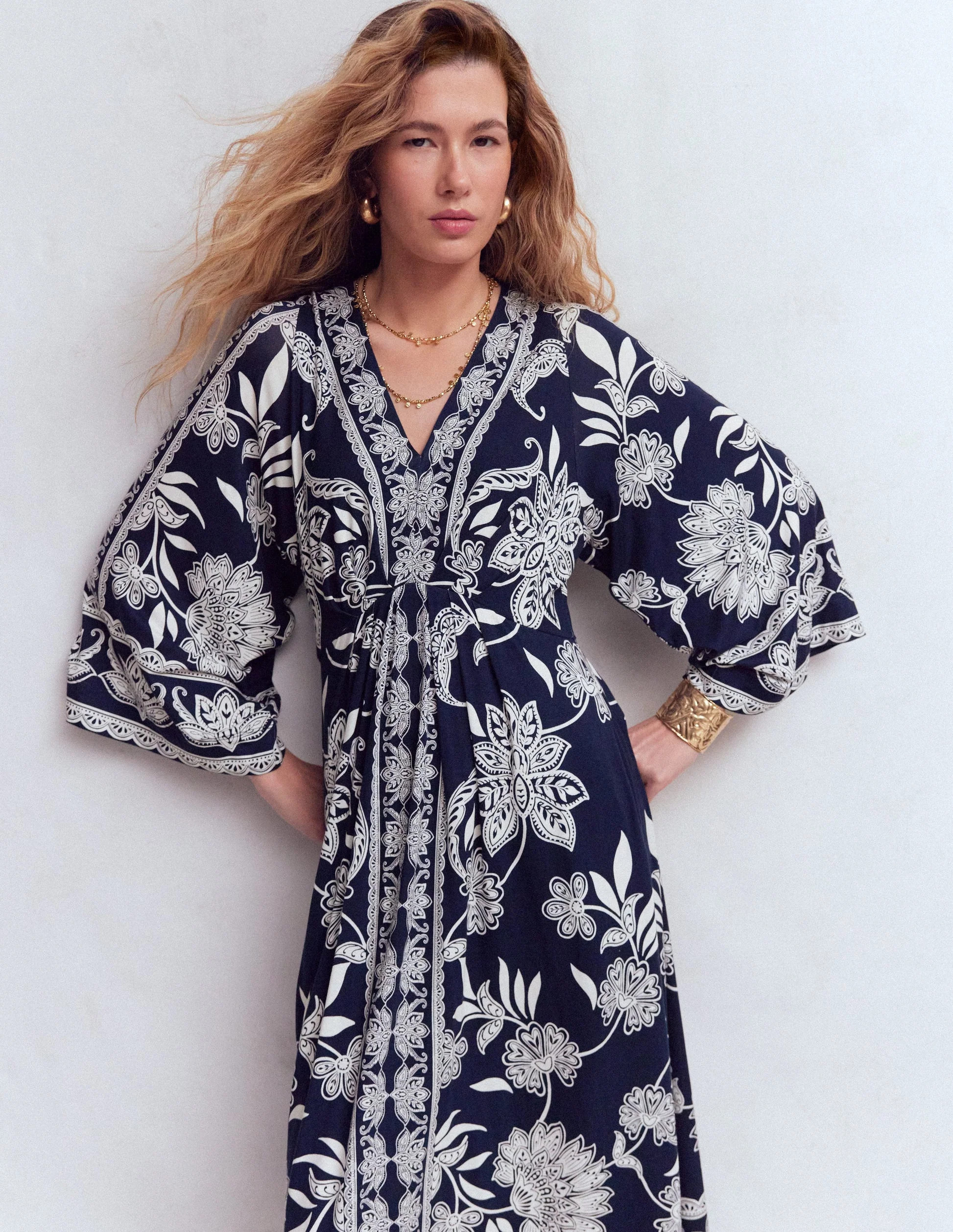 Nell Kimono Midi Jersey Dress-Navy, Elegant Blossom | Boden (US)