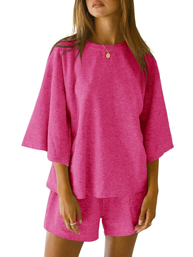 Tankaneo Womens Pajama Sets 3/4 Sleeve Oversized Tops and Elastic Waist Shorts Lounge Sets Lounge... | Amazon (US)