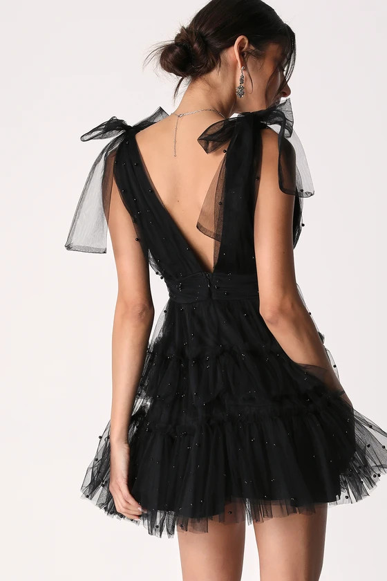Tulle-Proof Black Tulle Beaded Tie-Shoulder Tiered Mini Dress | Lulus