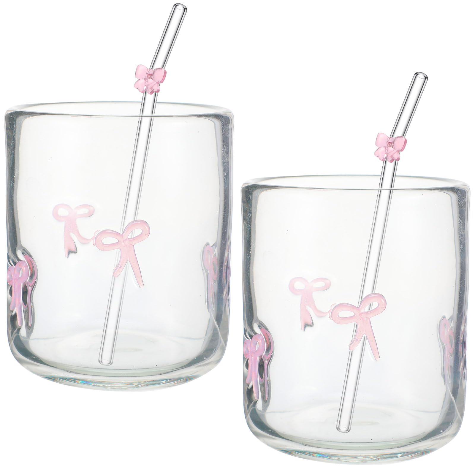 Skylety 2 Set 2 Pink Bow Icon Juice Glass with 2 Pink Bow Glass Straws Bow Aesthetic Cup 14 Ounce... | Amazon (US)