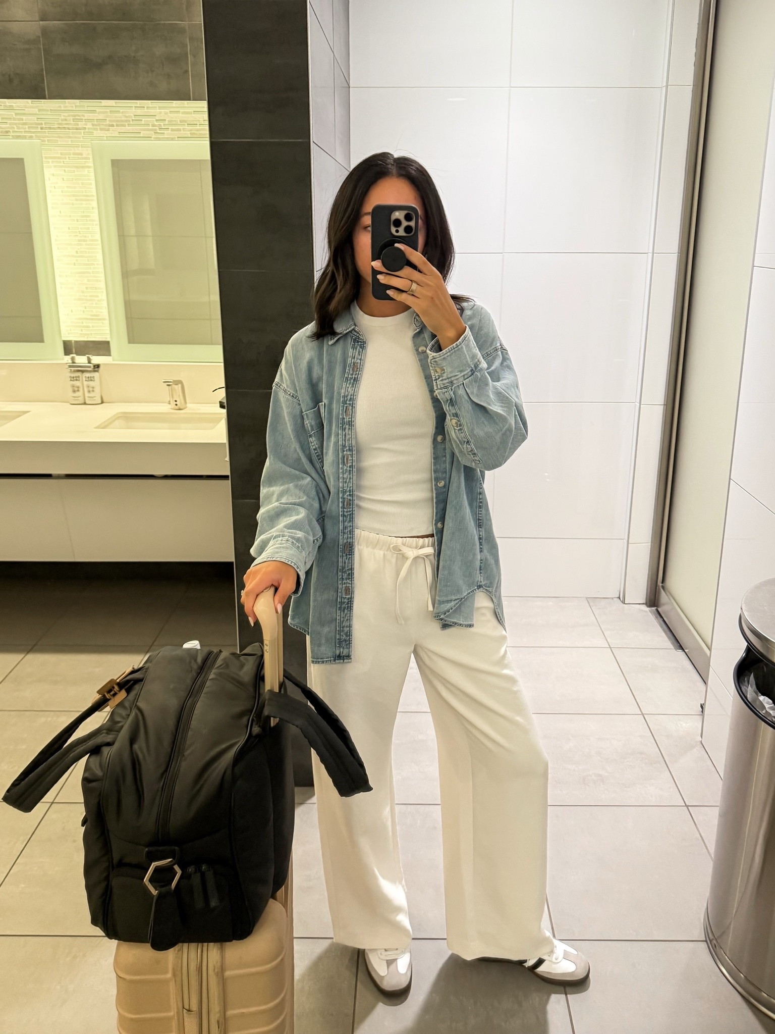 Travel outfit on SALE ✈️ Wearing size S tee, S denim shirt and size S in wrinkle free pants - color: Light Birch 

airport outfit, white pants, travel pants, denim shirt, comfy outfit, work from home outfit, mom outfit, postpartum outfit

#LTKSeasonal #LTKSaleAlert #LTKTravel