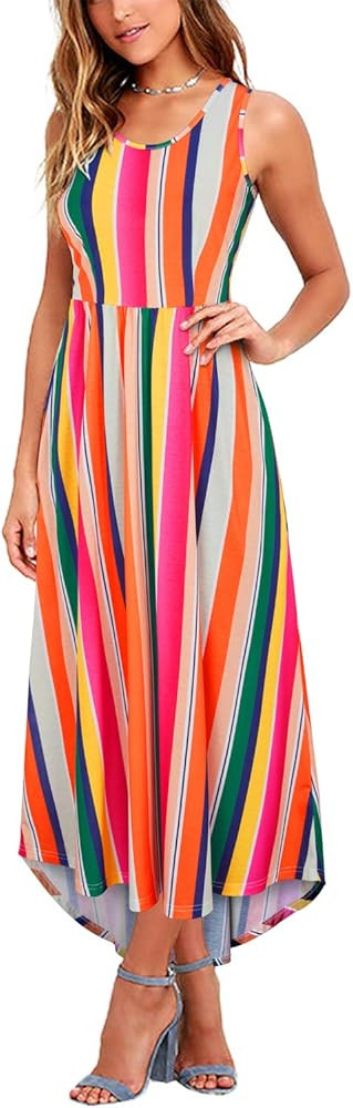 Womens Crew Neck Sleeveless Tank Floral Flowy Summer Casual Beach Maxi Long Dress with Pockets | Amazon (US)