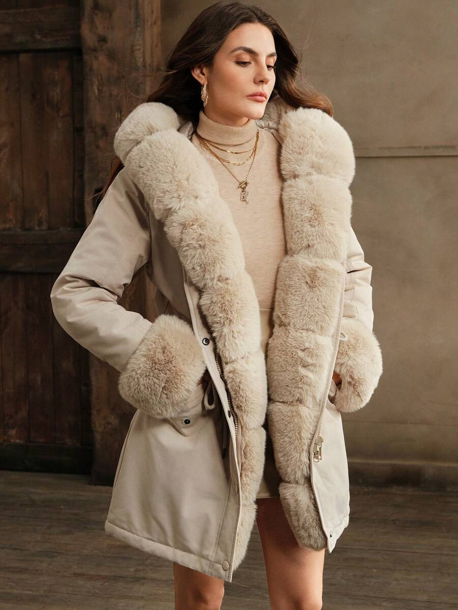Anewsta Thick Long Fluffy Fur Collar Quilted Lined Cinched Waist Parka Coat, Women's Padded Outer... | SHEIN