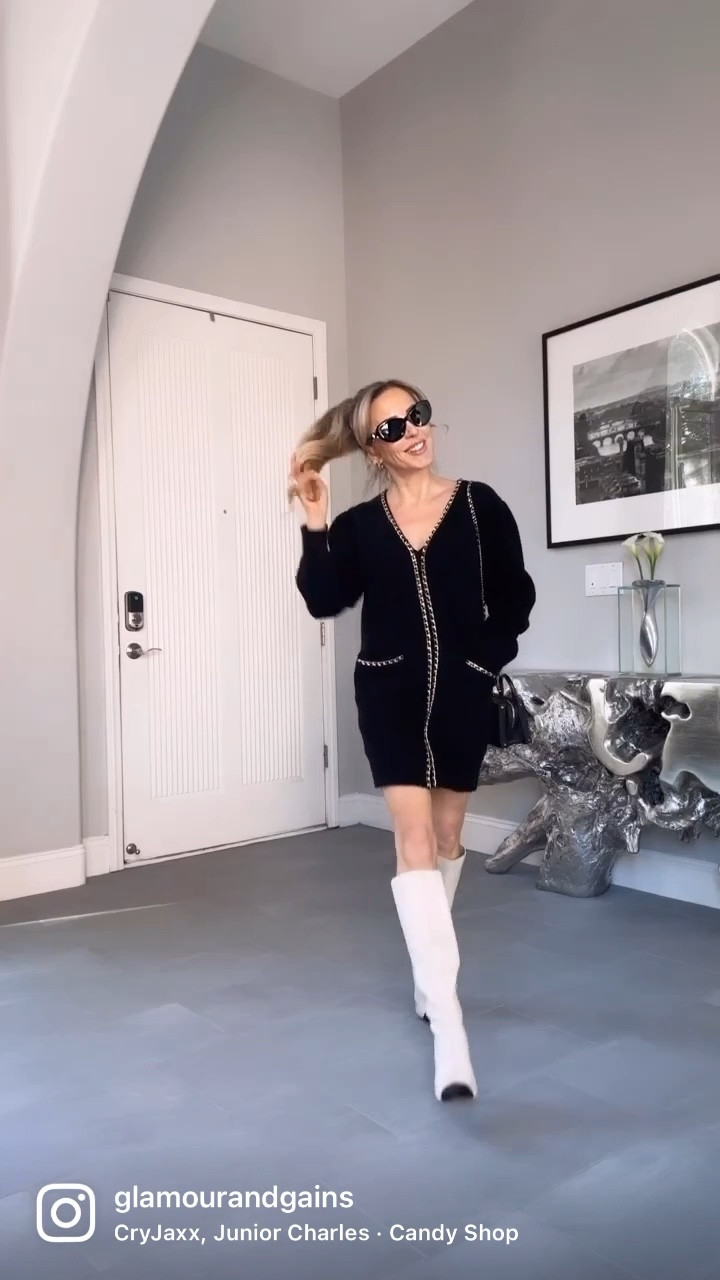 Black long sleeve mini sweater dress is super warm & has pockets. Run don’t walk to buy these cream suede black toe cap high heels boots which are on sale but only left in a size 6. Chanel sunglasses would make a great Christmas present.



#LTKsalealert #LTKunder50 #LTKshoecrush