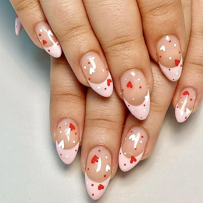 Valentines Day Press on Nails Medium Almond Fake Nails Pink False Nails with French Tips Love Hea... | Amazon (US)