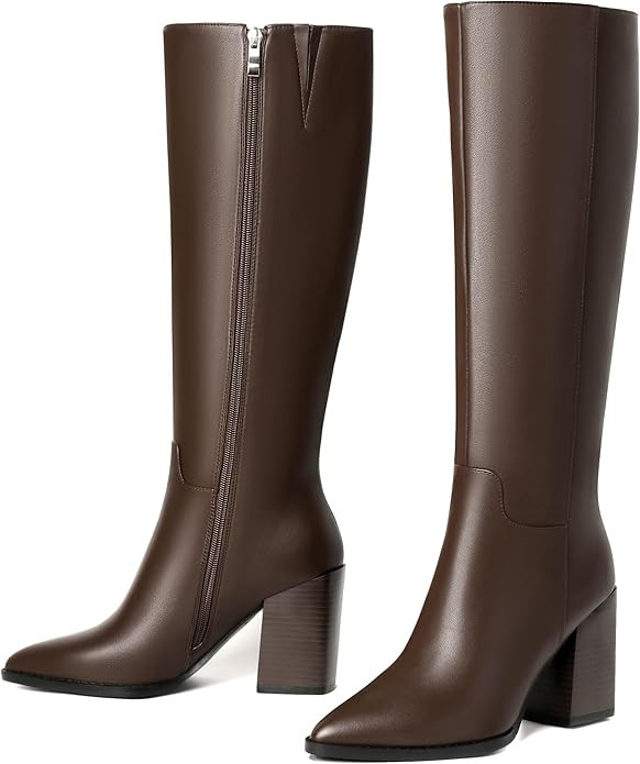vivianly Women's Knee-High Boots, Sexy Pointed Toe Block Heel Zipper, Fashion Retro High Boots | Amazon (US)