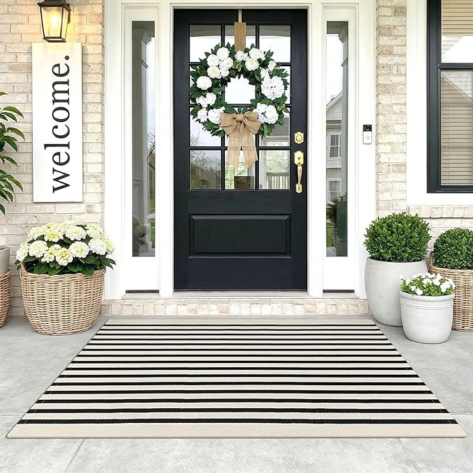 Amazon.com: KOZYFLY 3'x5' Cotton Area Rug, Black and Beige Striped Outdoor Rug, Hand-Woven, Machi... | Amazon (US)