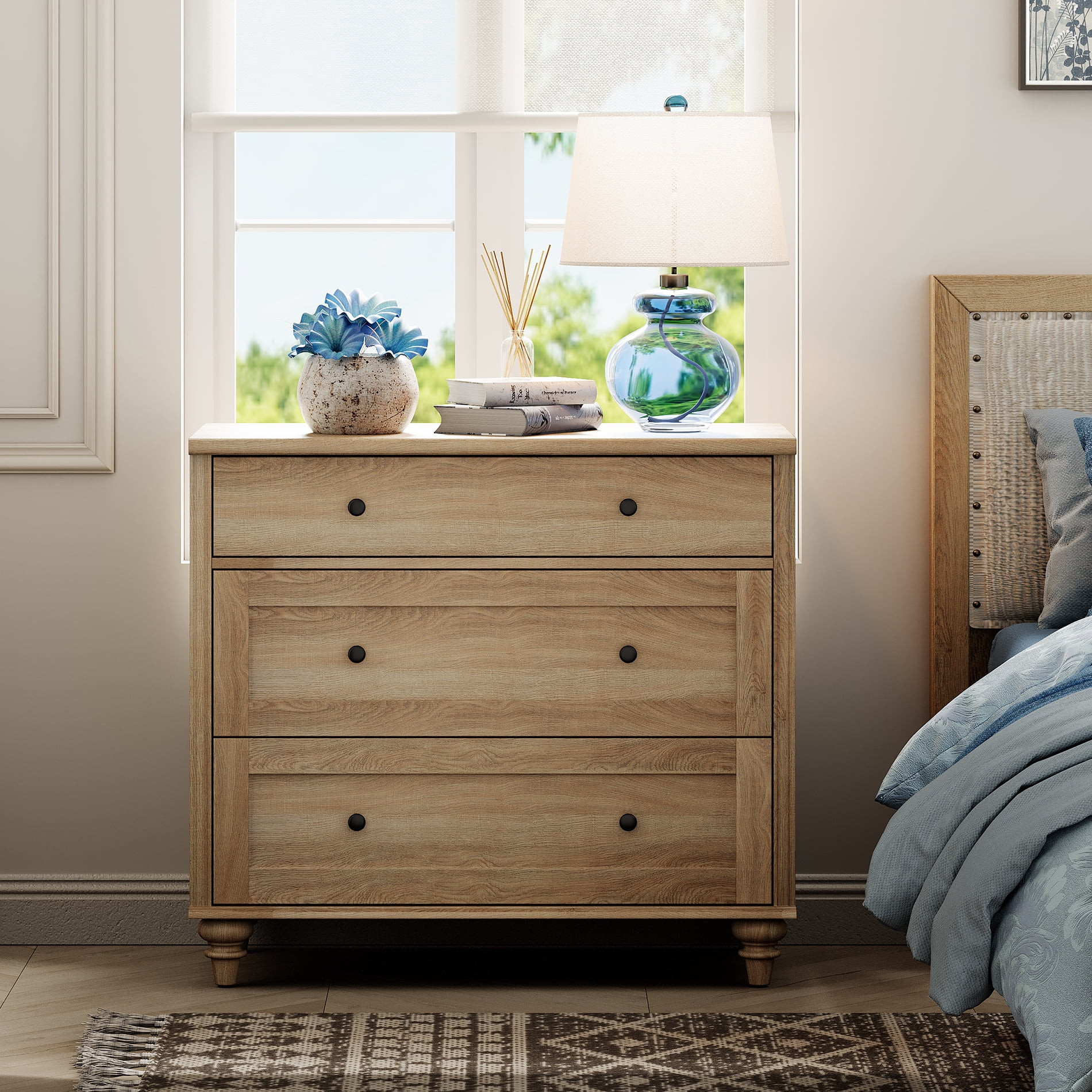 WAMPAT Farmhouse Nightstand, 3-Drawer Wood Bedside Table, Wide Sofa Side Table for Bedroom, Livin... | Walmart (CA)