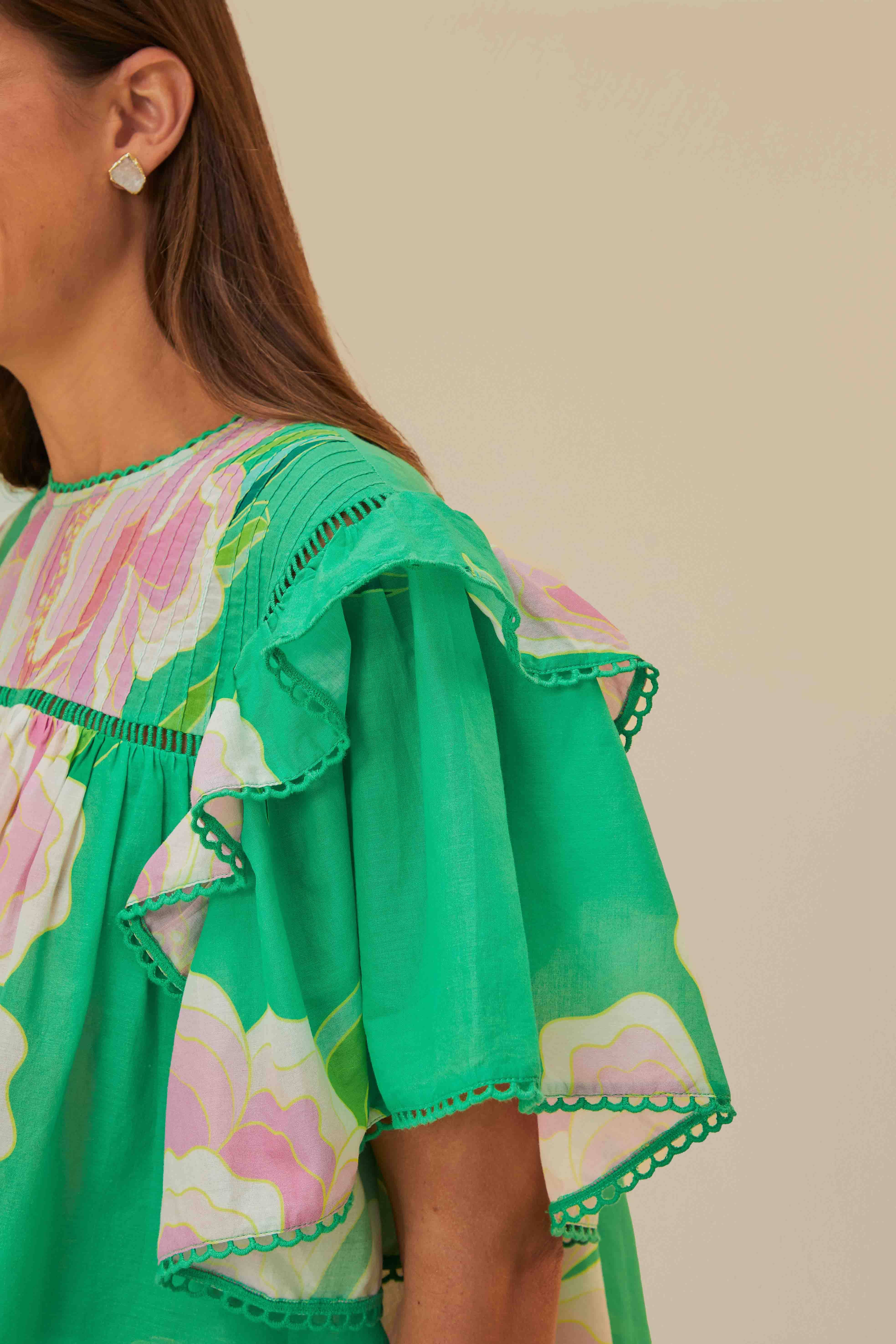 Green Floral Vibing Blouse | FarmRio (US)