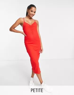 Pieces Petite ruched front strappy midi dress in red | ASOS (Global)