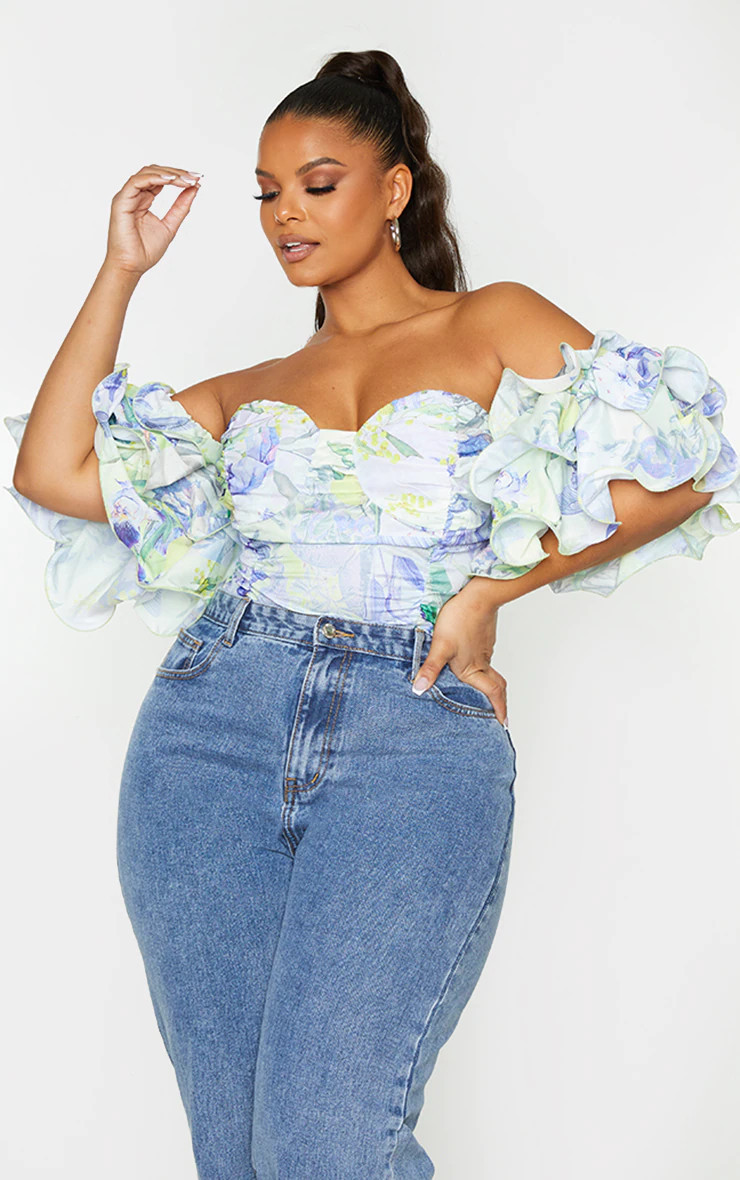 Plus White Floral Ruffle Puff Sleeve Bardot Crop Top | PrettyLittleThing US