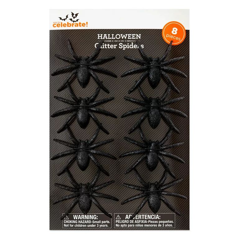Way To Celebrate Halloween Set of 8 Black Plastic 2.8 Inch Glitter Spiders Outdoor Decoration - W... | Walmart (US)