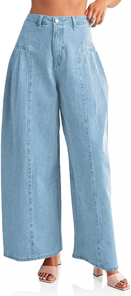 PLNOTME Womens Baggy High Waisted Jeans Loose Boyfriend Wide Leg Side Pleated Denim Pants | Amazon (US)