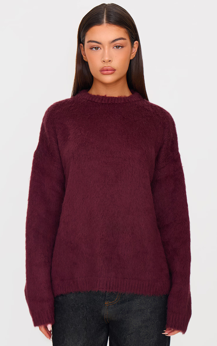 Burgundy Fluffy Knit Oversized Sweater | Knitwear | PrettyLittleThing US