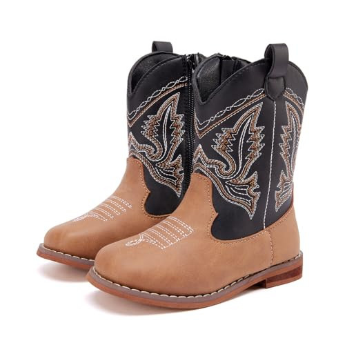 BMCiTYBM Toddler Cowboy Boots - Lightweight Western Cowgirl Boots for Boys Girls, Anti-Slip Soft Sole Walking Shoes with Side Zipper for Easy On/Off, Classic Stitching for Costumes & Outdoor Play Black/Brown Size 10 Toddler | Amazon (US)
