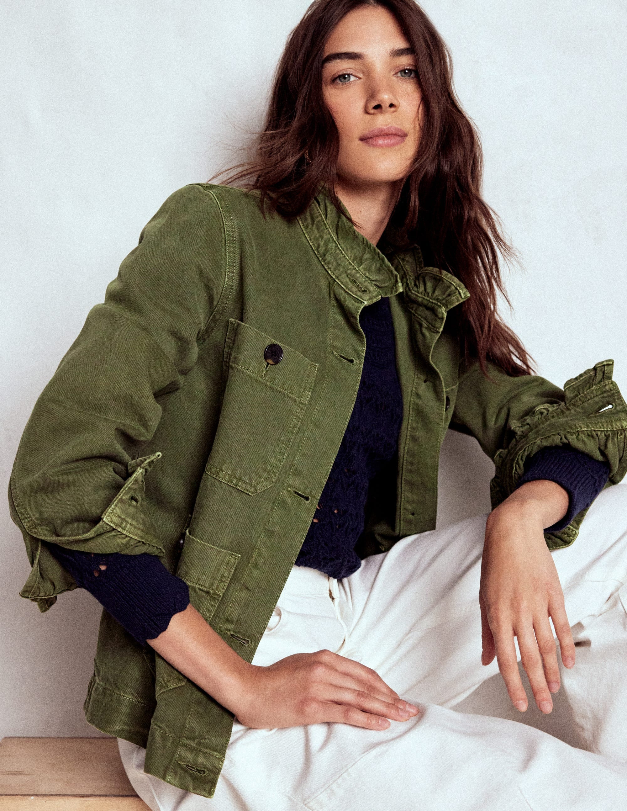 Cotton Frill Collar Jacket-Woodland Green | Boden (US)