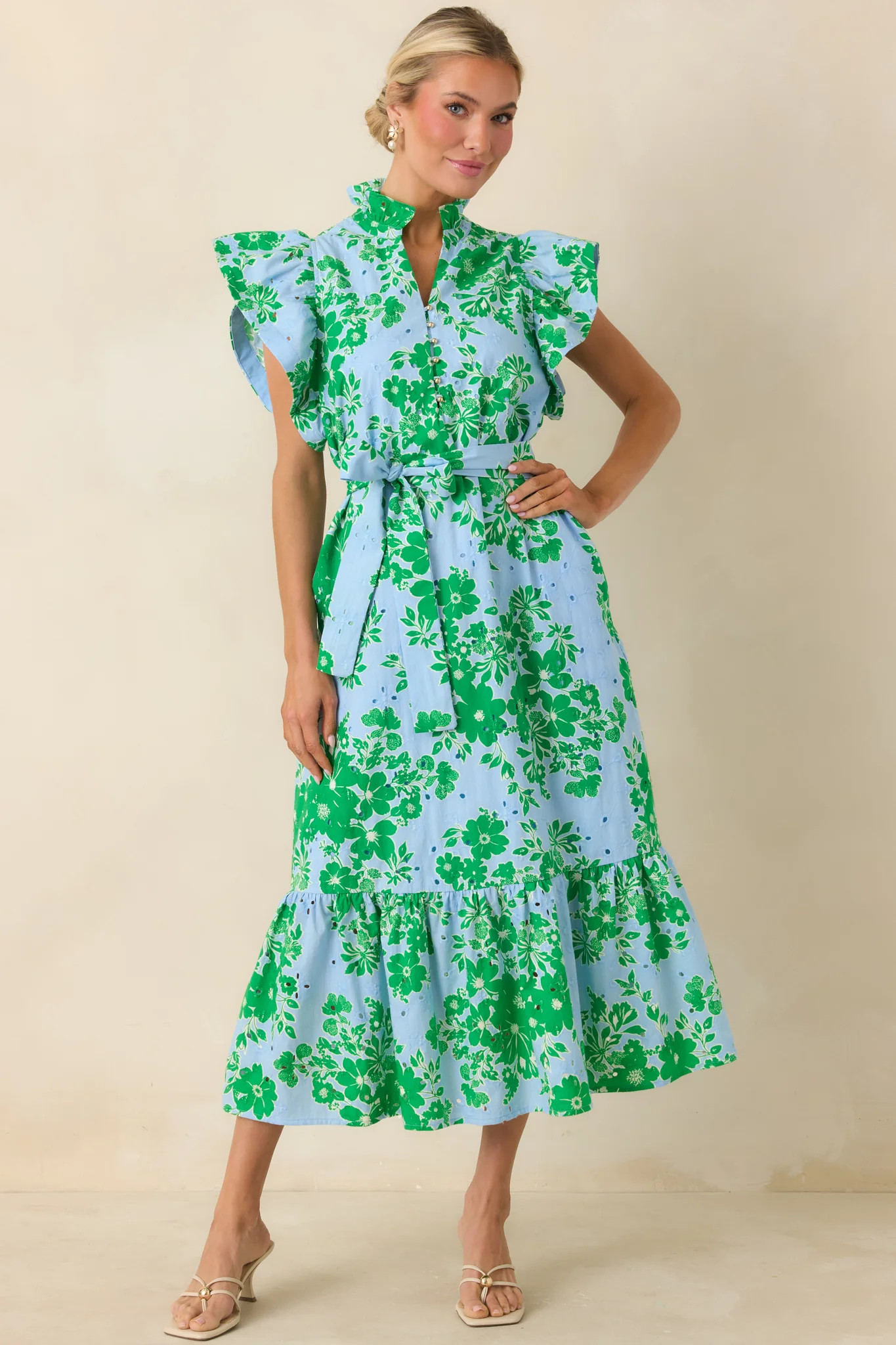 Fresh Air Floral Blue & Green Cotton Floral Eyelet Midi Dress | Red Dress