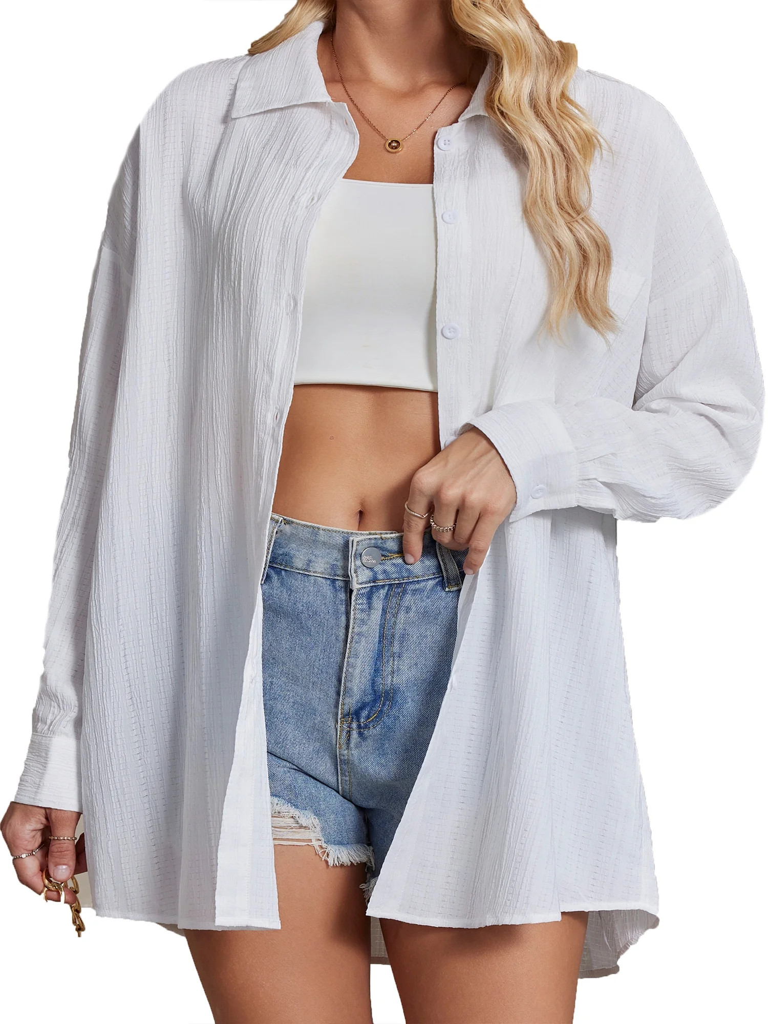 Womens White Button Down Shirt Casual Plus Size Long Sleeve Blouses with Pocket Summer Beach | Walmart (US)