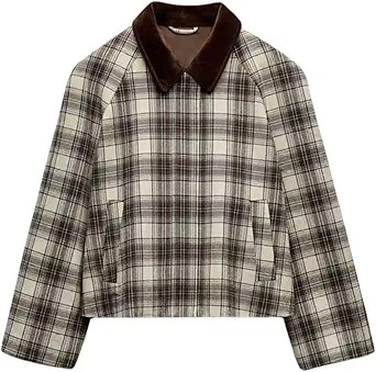 Chevara Women’s Cropped Plaid Jacket Vintage Lapel Collar Long Sleeve Zip Up Outerwear Coat wit... | Amazon (US)