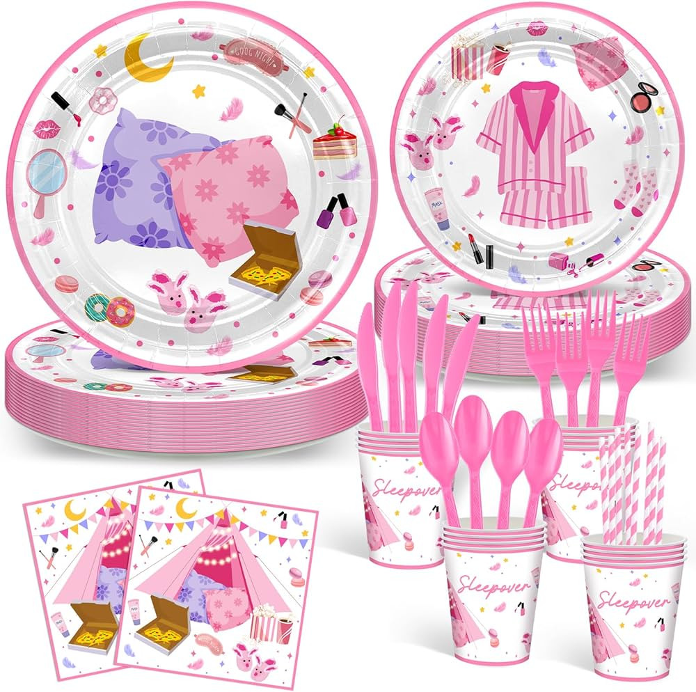 Avezano 192 Pcs Sleepover Party Supplies for Girls Plates Napkins Set Pajama Party Decorations Sl... | Amazon (US)