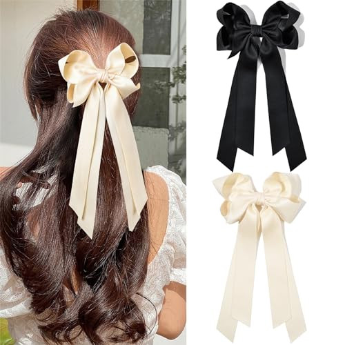 2PCS Hair Accessories: Black Beige Ribbon Slides with Metal Clips for Women, Girls, Toddlers, and Teens | Amazon (US)