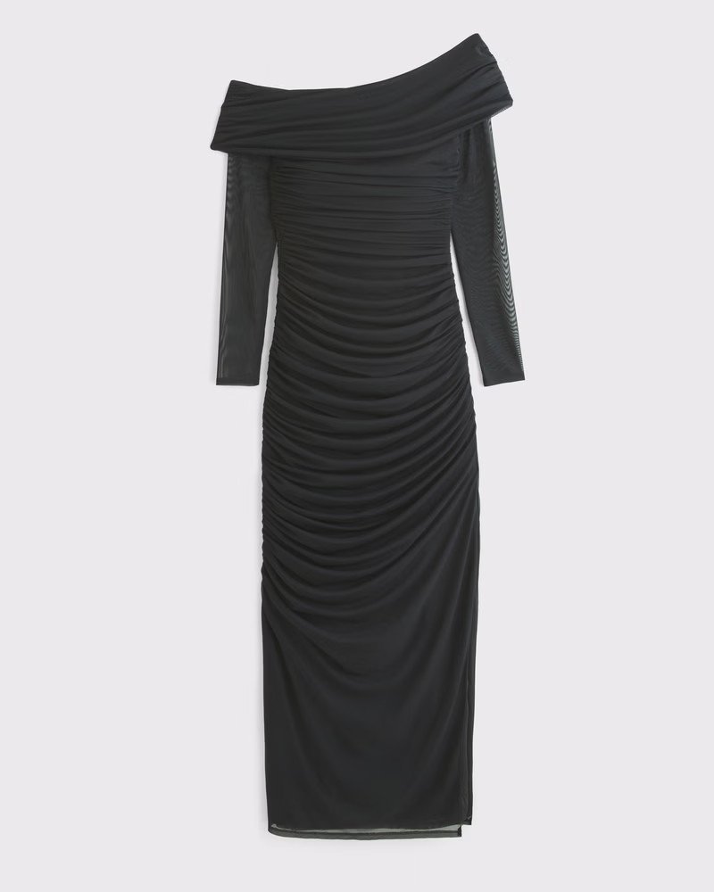 Long-Sleeve Mesh Asymmetrical Draped Maxi Dress | Abercrombie & Fitch (US)