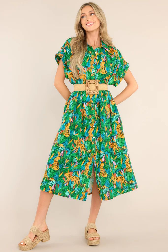 Out Of The Woods Green Print Midi Dress | Red Dress 
