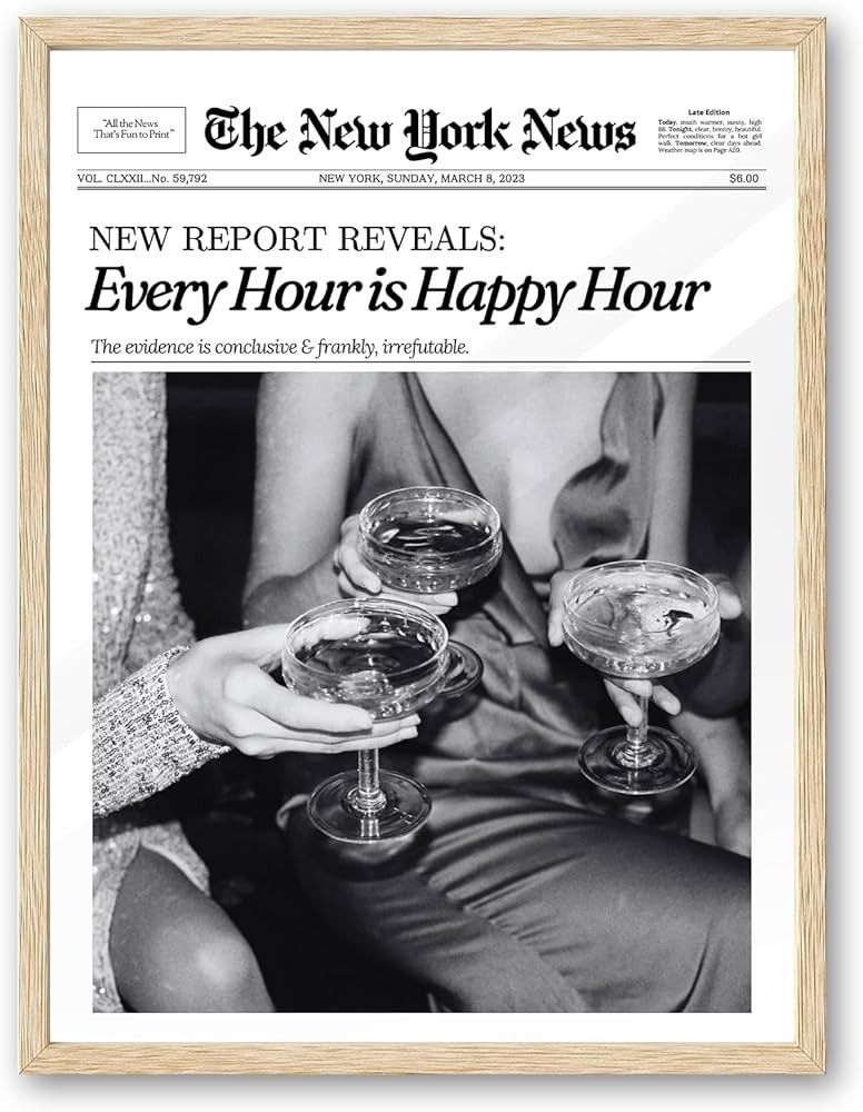 iHery Every Hour is Happy Hour Small Framed Trendy NewsPaper Wall Art, Natural OAK Wood 8x10in Ca... | Amazon (US)