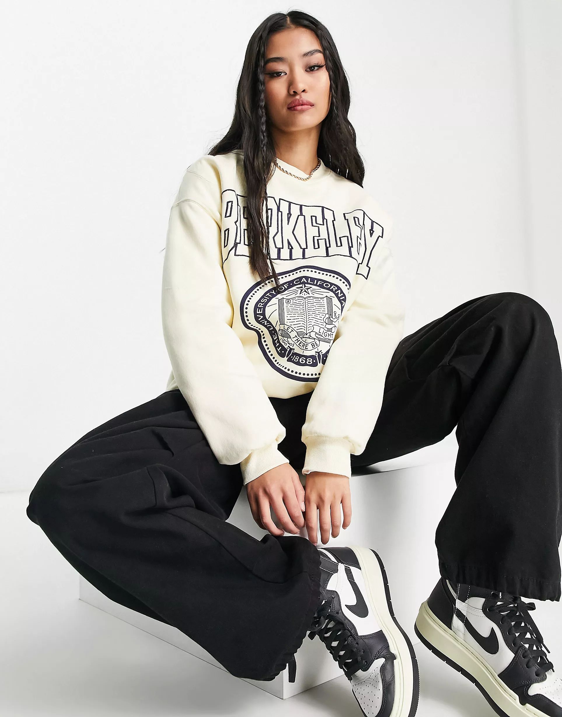 Pull&Bear oversized slogan crew neck sweatshirt in ecru | ASOS (Global)