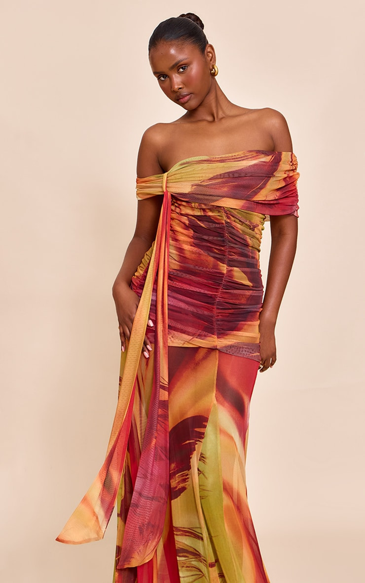 Burnt Orange Abstract Print Lined Mesh Bardot Maxi Dress | Pretty Little Thing (Australia & New Zealand)
