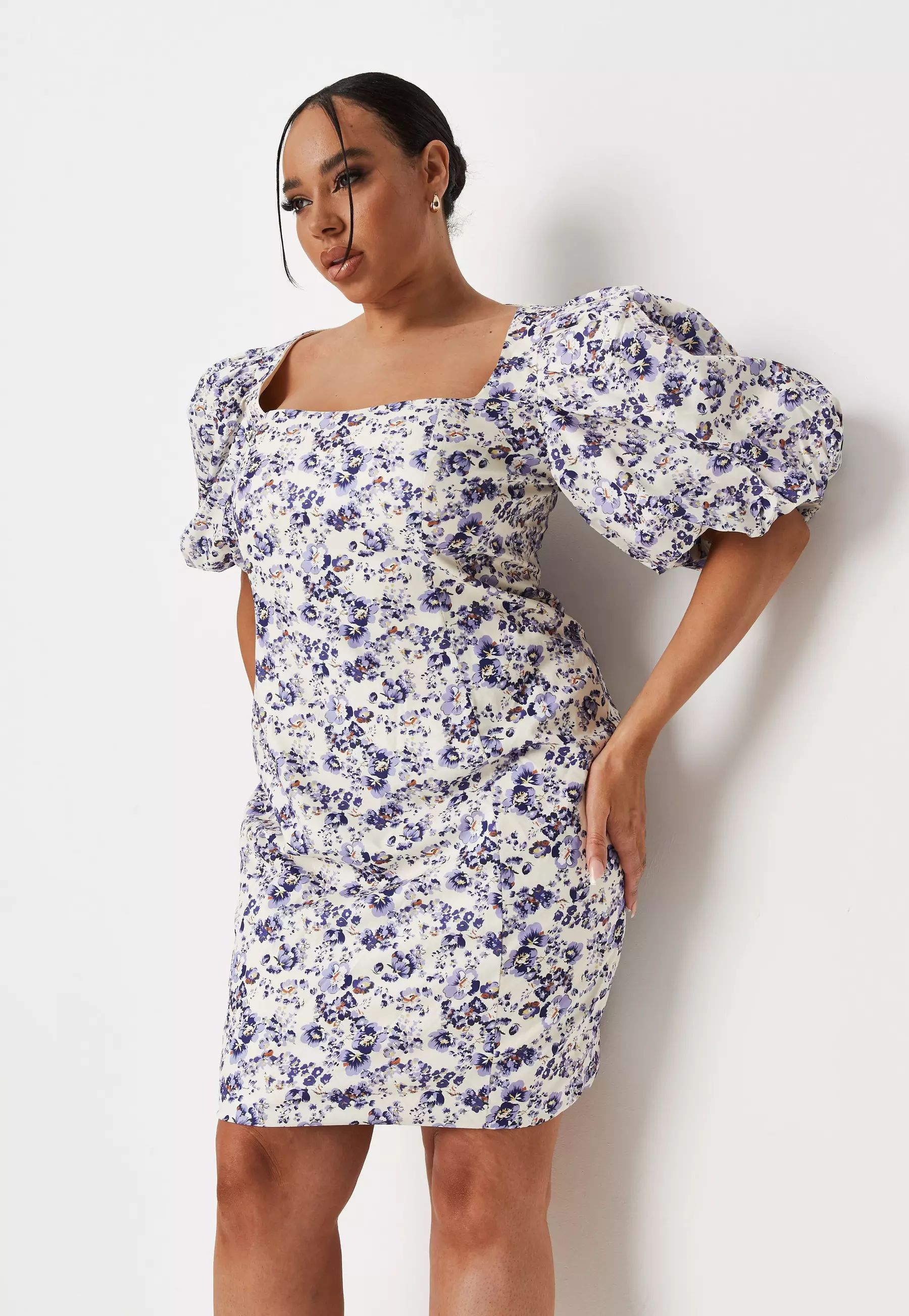 Plus Size White Floral Print Puff Sleeve Mini Dress | Missguided (US & CA)