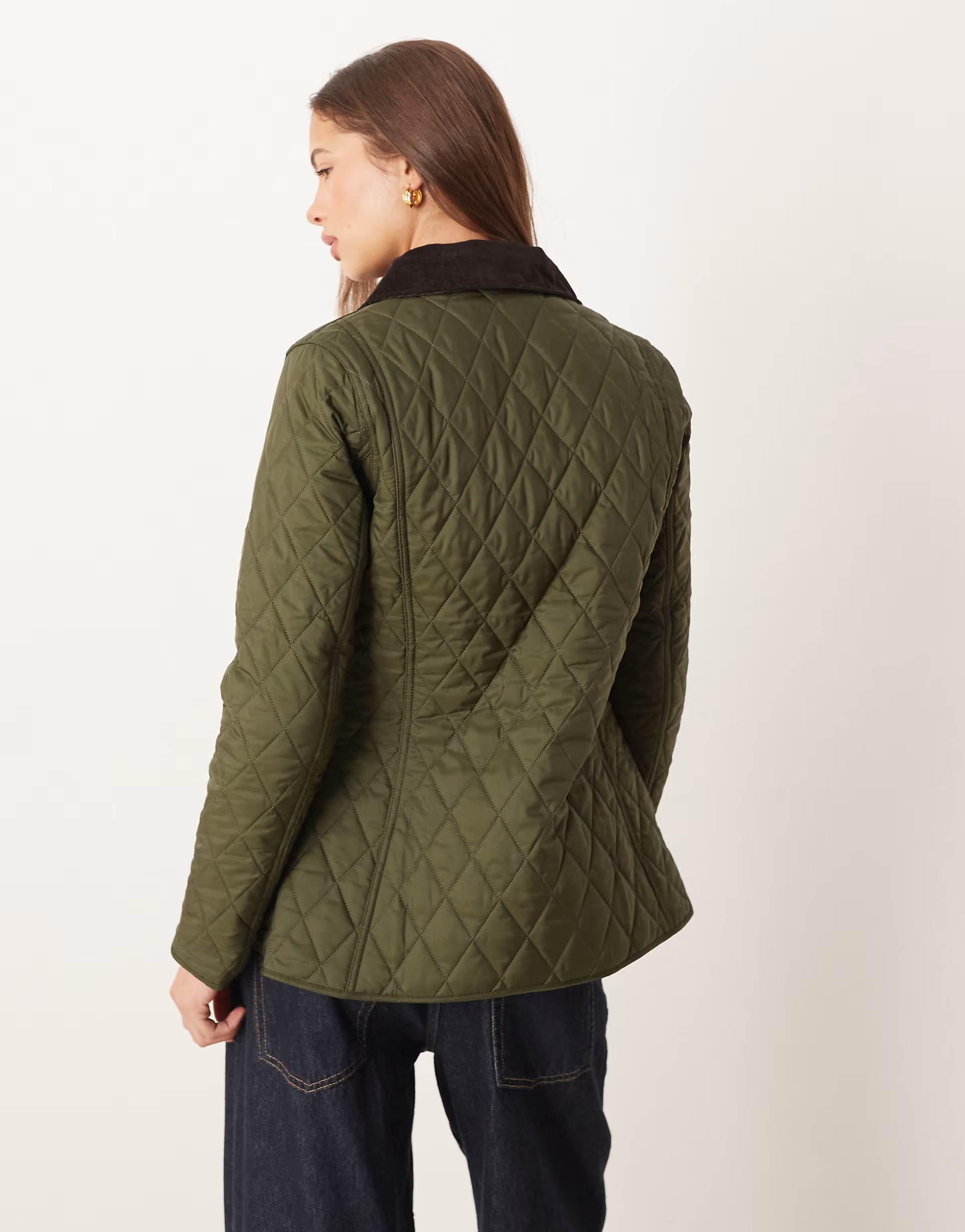 Barbour Annandale diamond quilt jacket with cord collar in olive | ASOS (Global)