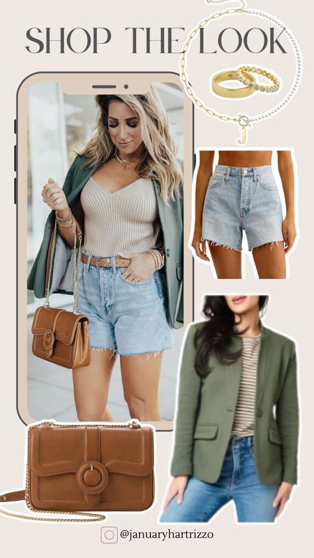 Best seller olive blazer and denim shorts outfit. Summer outfit, workwear, work blazer, tan leather bag with gold chain strap, spring outfit

#LTKStyleTip #LTKWorkwear #LTKOver40