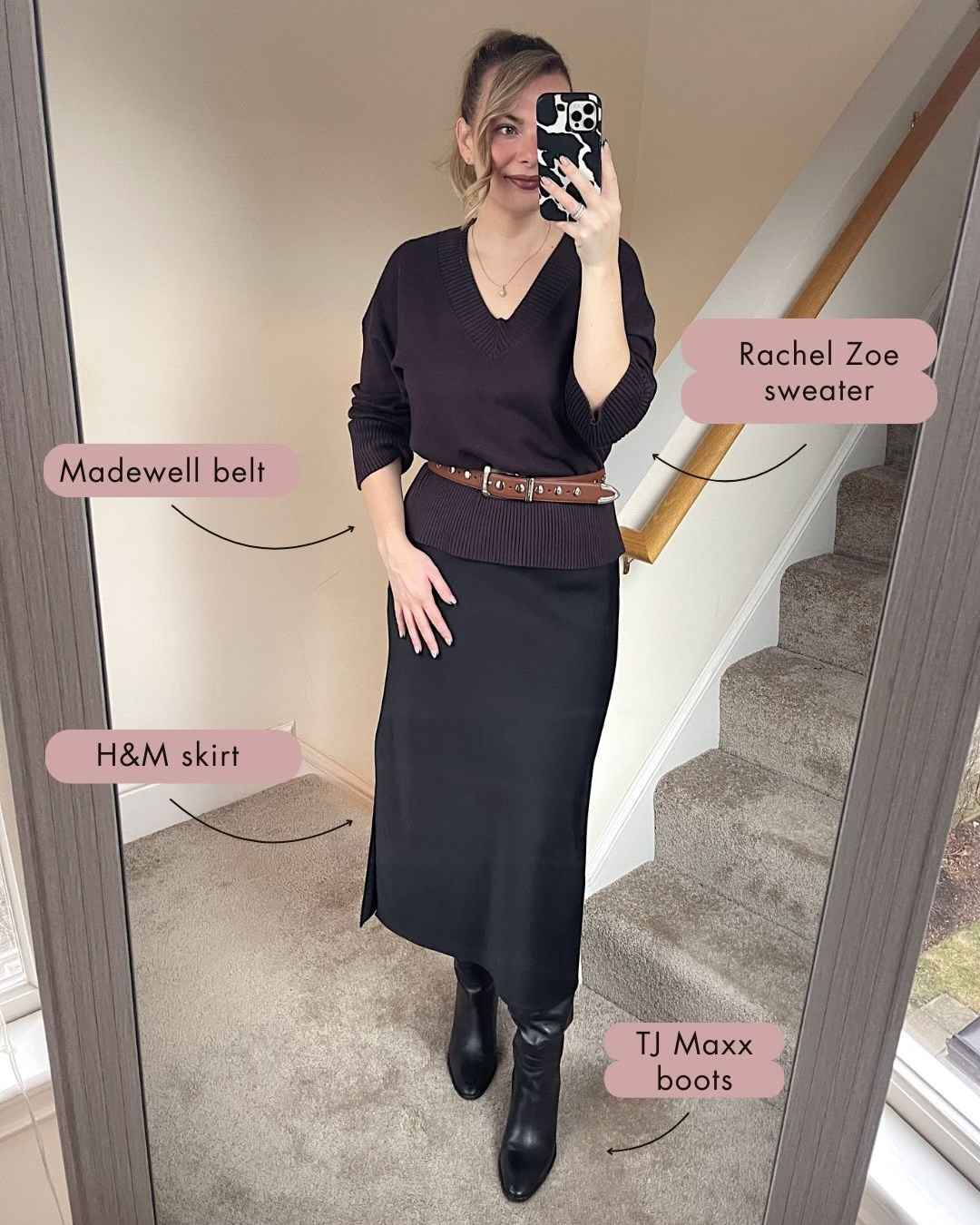 Office outfit idea - brown sweater, brown studded belt, black skirt, black leather boots 

#LTKWorkwear #LTKdayinmylife #LTKootd