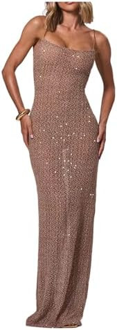 OYOANGLE Women's Spaghetti Strap Sparkly Sequin Mesh Cami Dress Sleeveless Fishtail Long Dresses | Amazon (US)