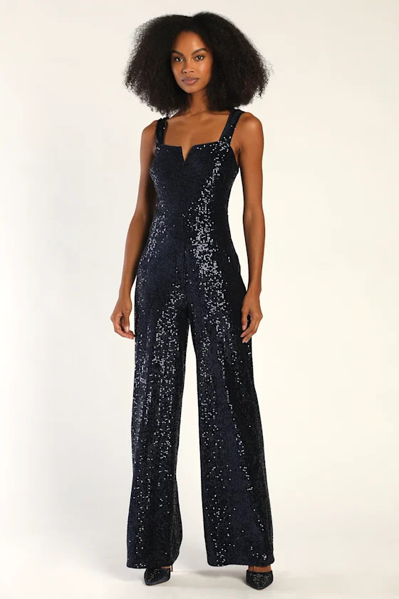 Party Agenda Navy Blue Velvet Sequin Wide-Leg Jumpsuit | Lulus (US)
