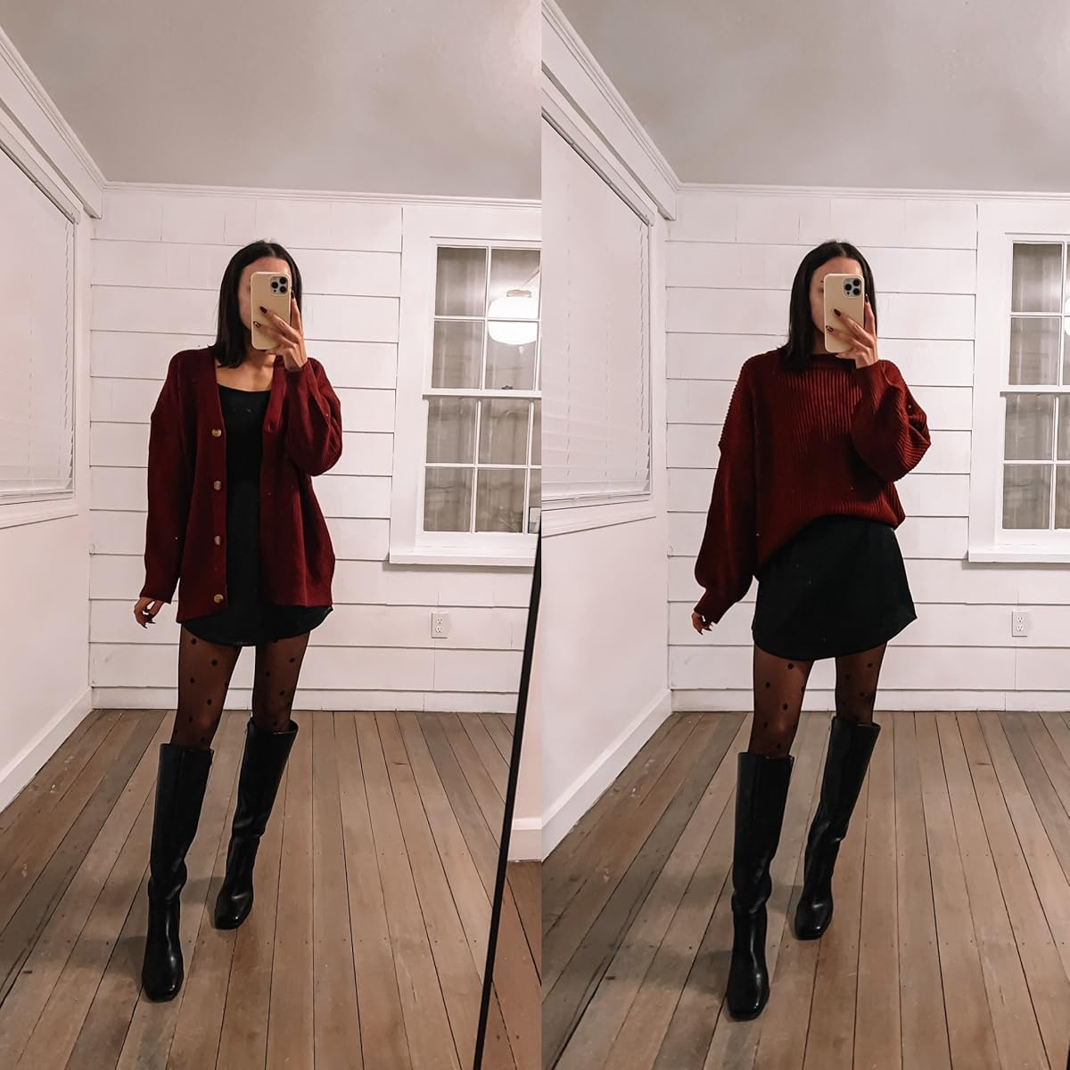 Christmas party outfit-sweater in S, skirt in XS, boots true to size, tank in S, cardigan in XS. Red cardigan/black mini skirt/polka dot tights/black knee high boots 

 #LTKHoliday #LTKPetite #LTKFindsUnder100