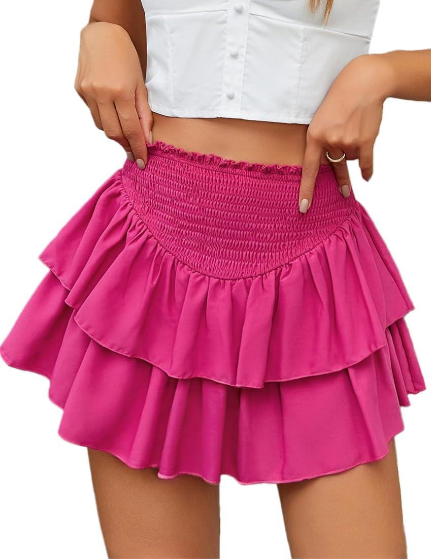 Avidlove Women's High Waist Ruffle Flowy Mini Skirts Stretchy Lined Layered Pleated Casual Beach ... | Amazon (US)