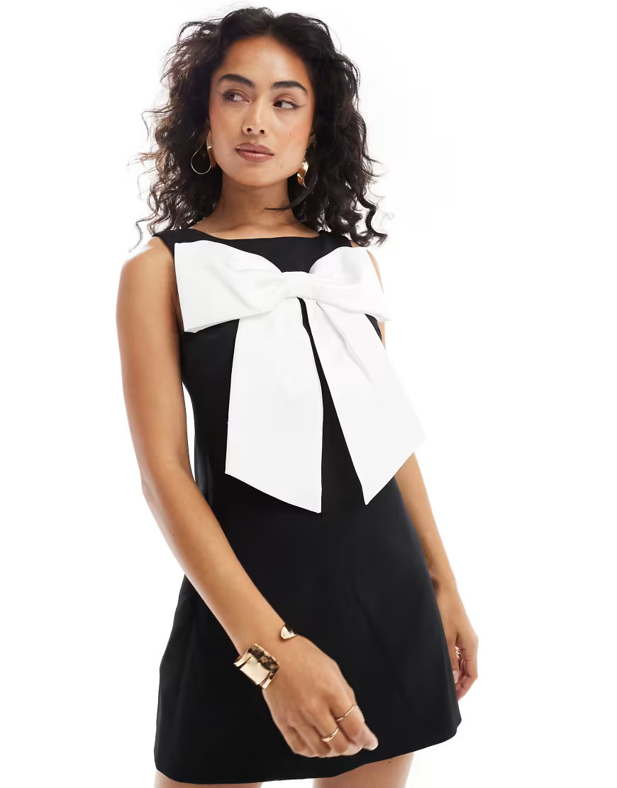 Forever New colour block bow detail mini dress in black | ASOS (Global)
