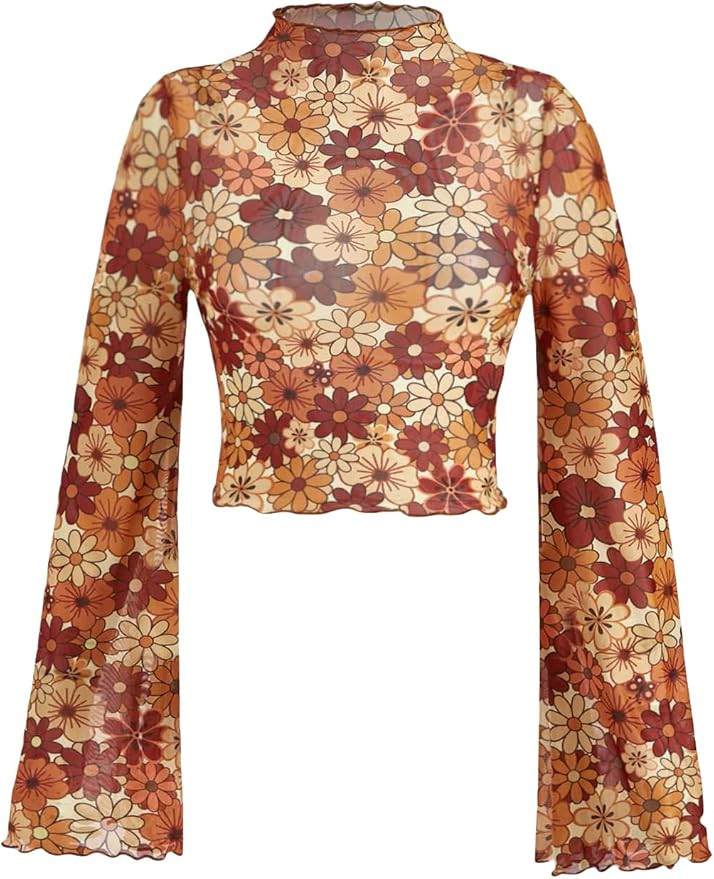 Verdusa Women's Bell Sleeve Lettuce Trim Mock Neck Floral Mesh Top Crop T Shirt | Amazon (US)